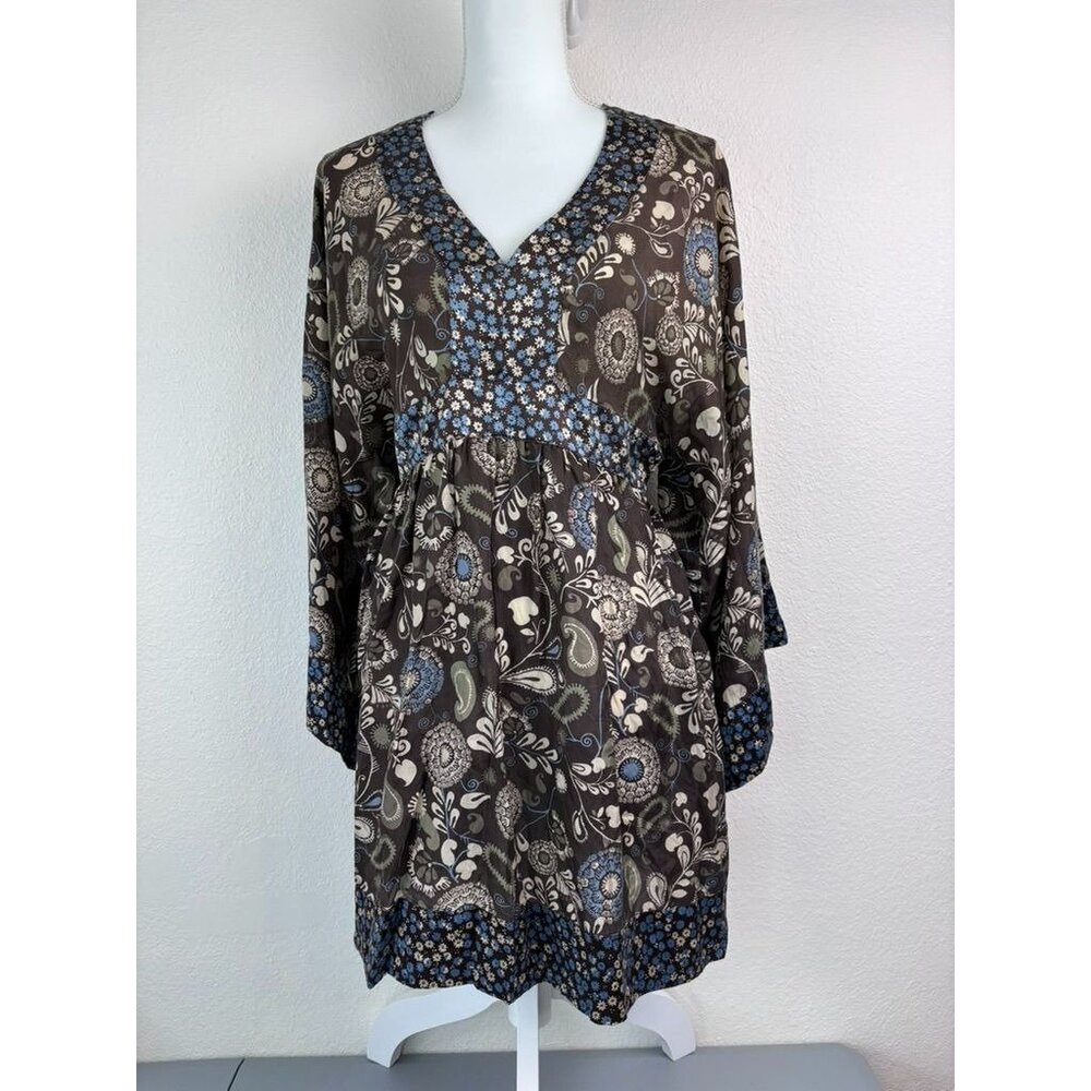 Express women's medium brown and blue 100% silk y2k 90's tunic mini dress